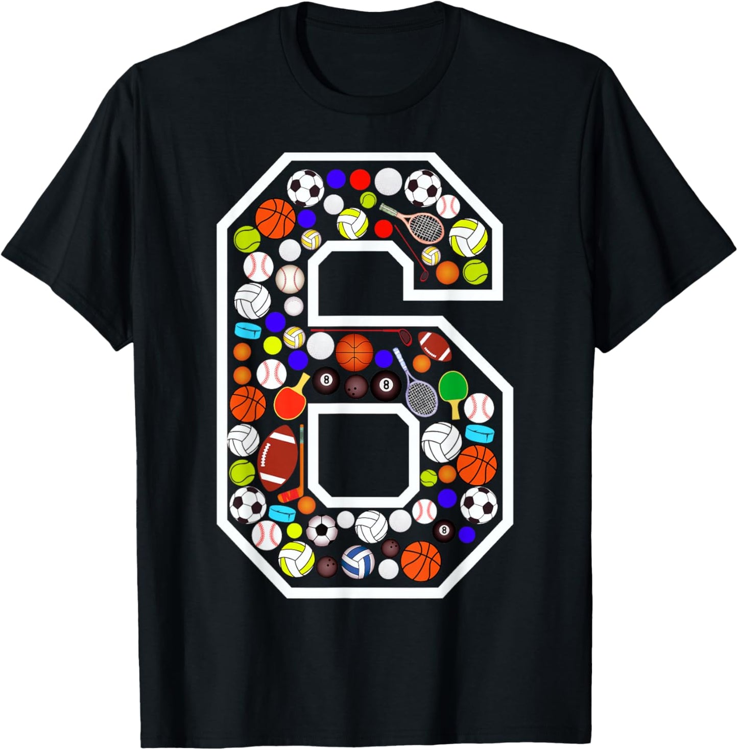 Kids 6th Birthday Sports Big Number Six 6 Year Old Boy T-Shirt - T-Shirt | Black
