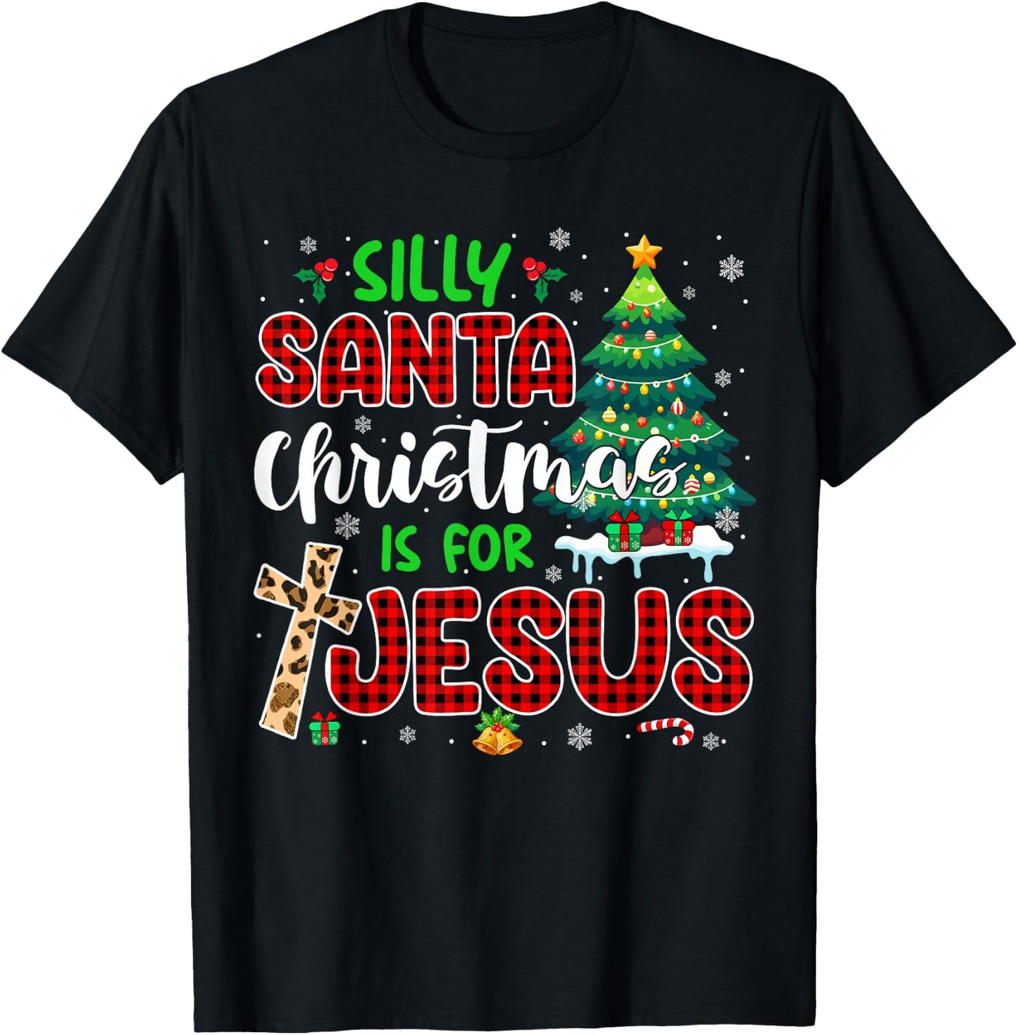 Silly Santa Christmas Is For Jesus Leopard Christian Cross T-Shirt - T-Shirt | Black