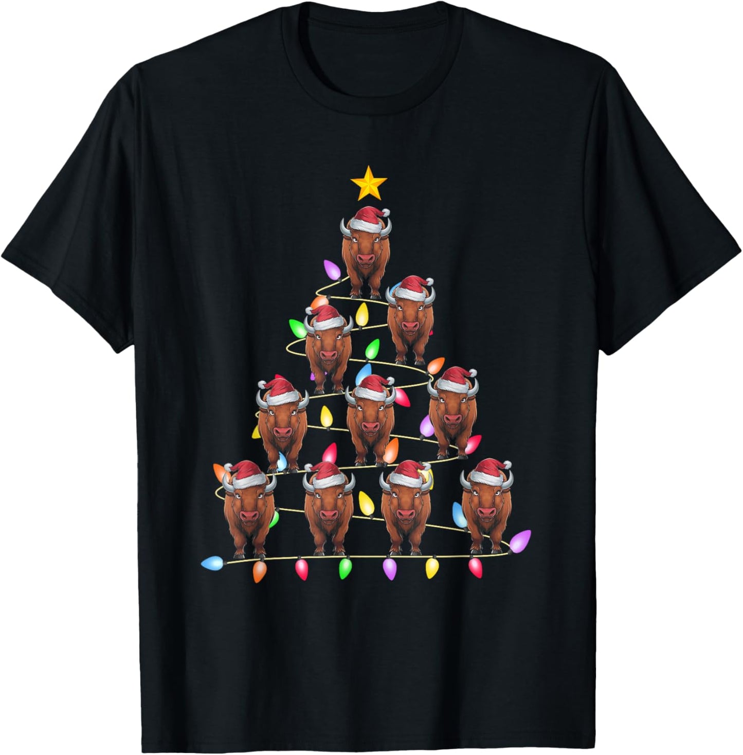 Christmas Tree Lights Men Women Santa Bison Xmas PJs T-Shirt - T-Shirt | Black