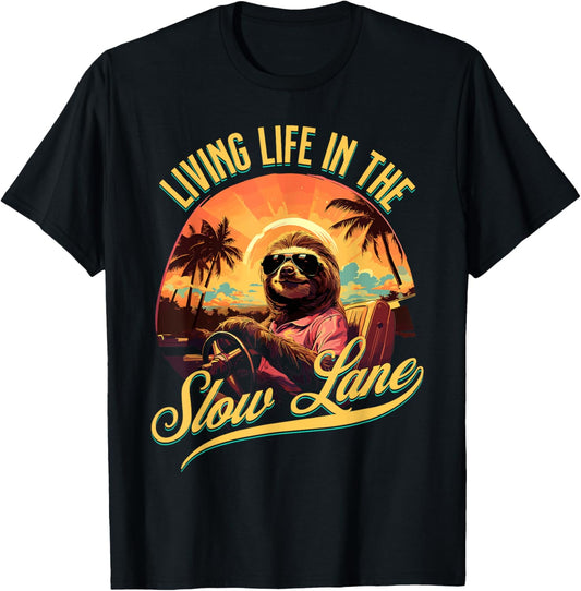 Retro Living Life In The Slow Lane Funny Sloth T-Shirt - T-Shirt | Black
