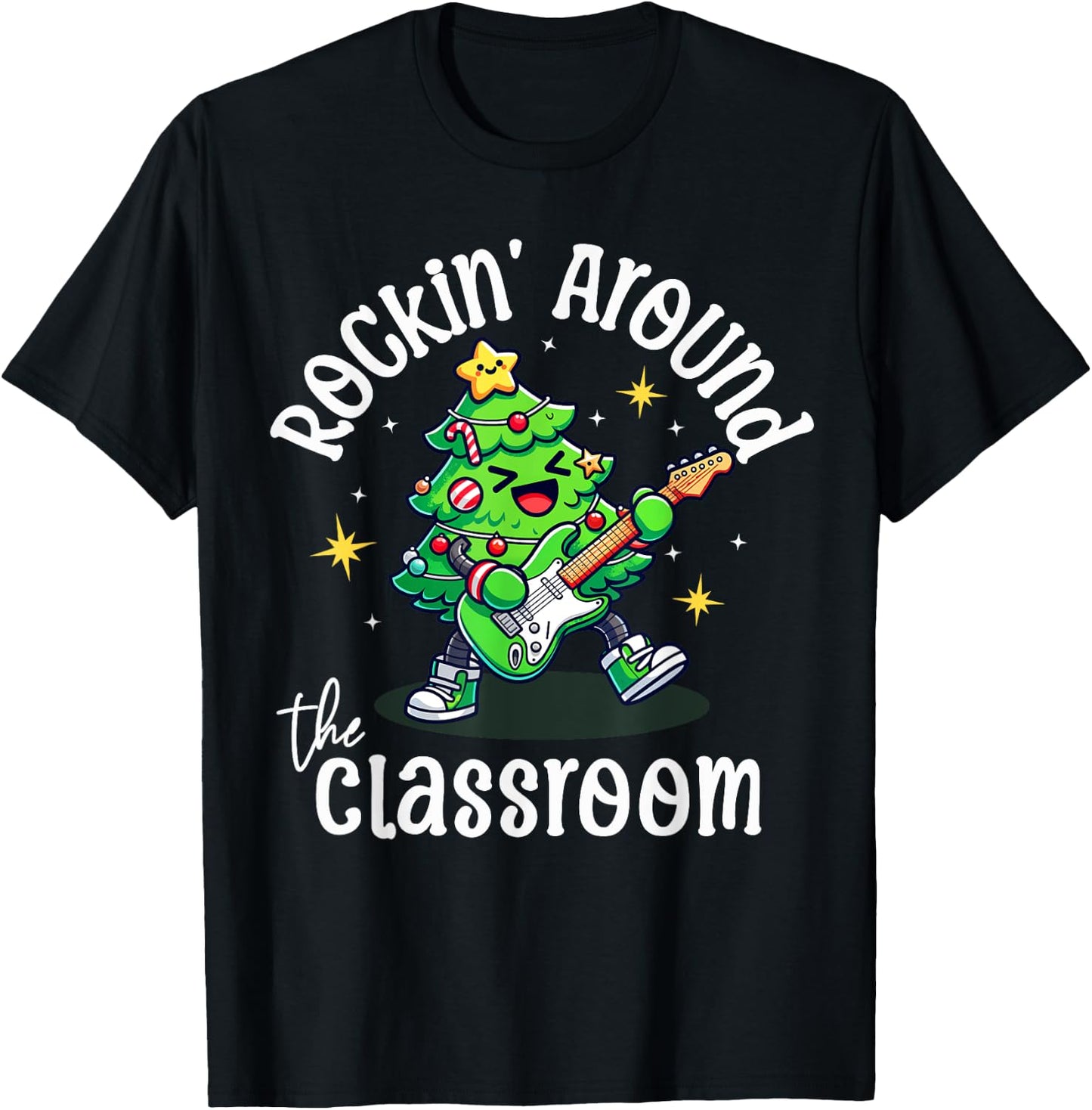 Teacher Christmas Rocking Around The Classroom Retro Holiday T-Shirt - T-Shirt | Black