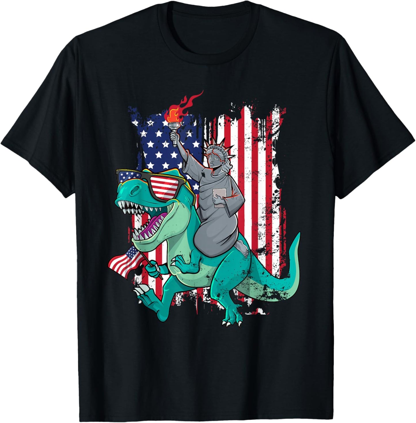 Fourth of July Funny Statue of Liberty Riding Dinosaur T-Rex T-Shirt - T-Shirt | Black
