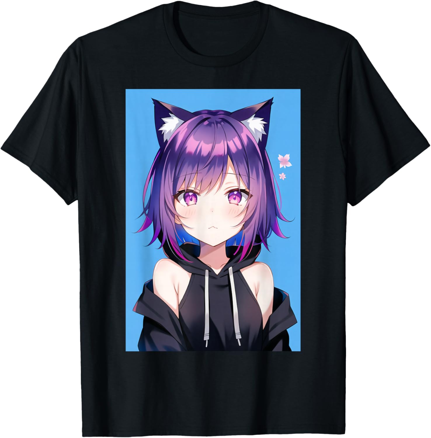 Waifu Neko Anime Cat Girl Japanese Aesthetic T-Shirt - T-Shirt | Black