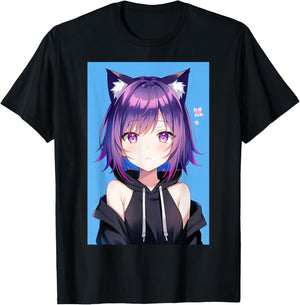 Waifu Neko Anime Cat Girl Japanese Aesthetic T-Shirt - T-Shirt | Black