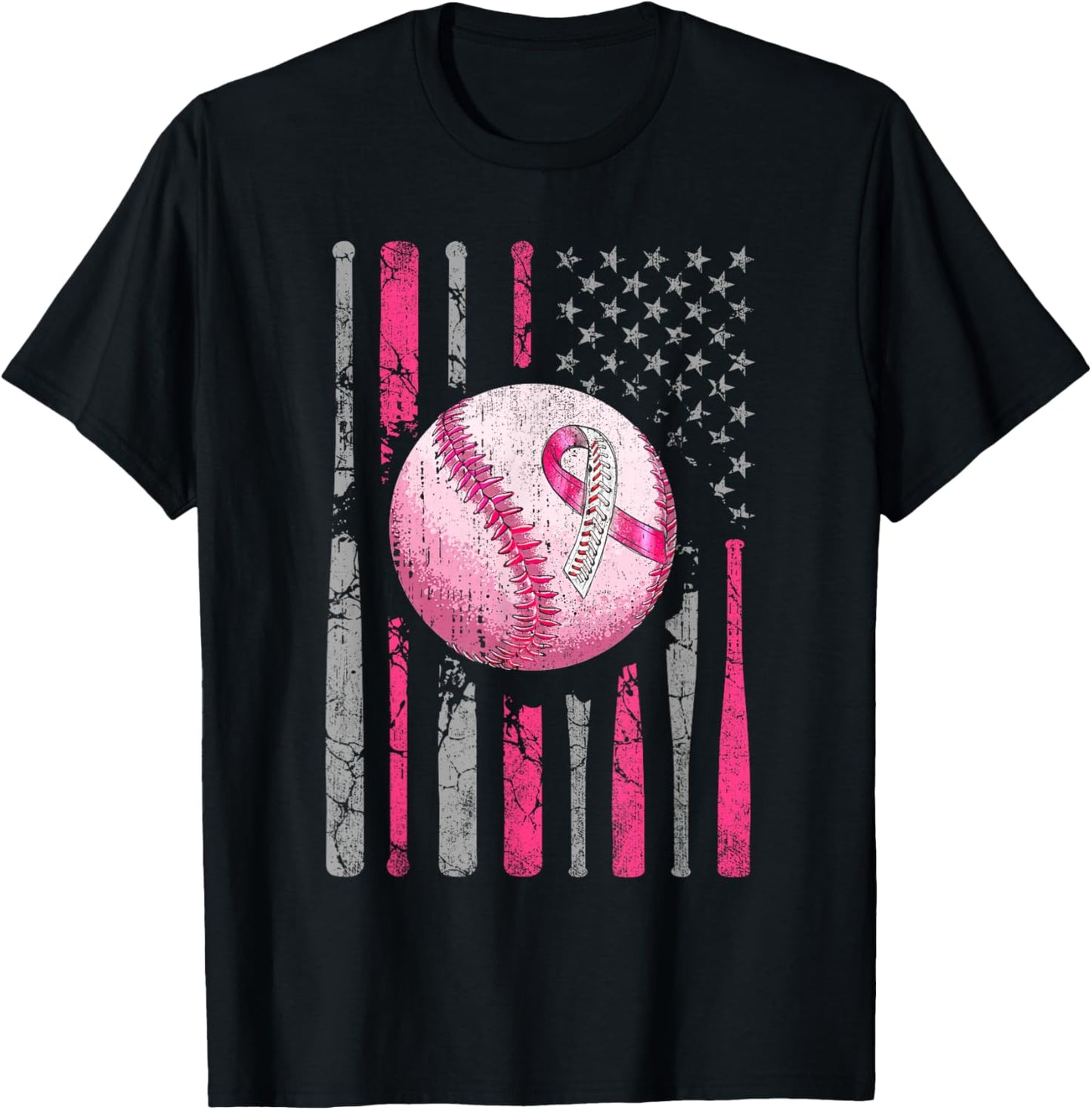 Breast Cancer Baseball Pink Ribboon American Flag Men Women T-Shirt - T-Shirt | Black