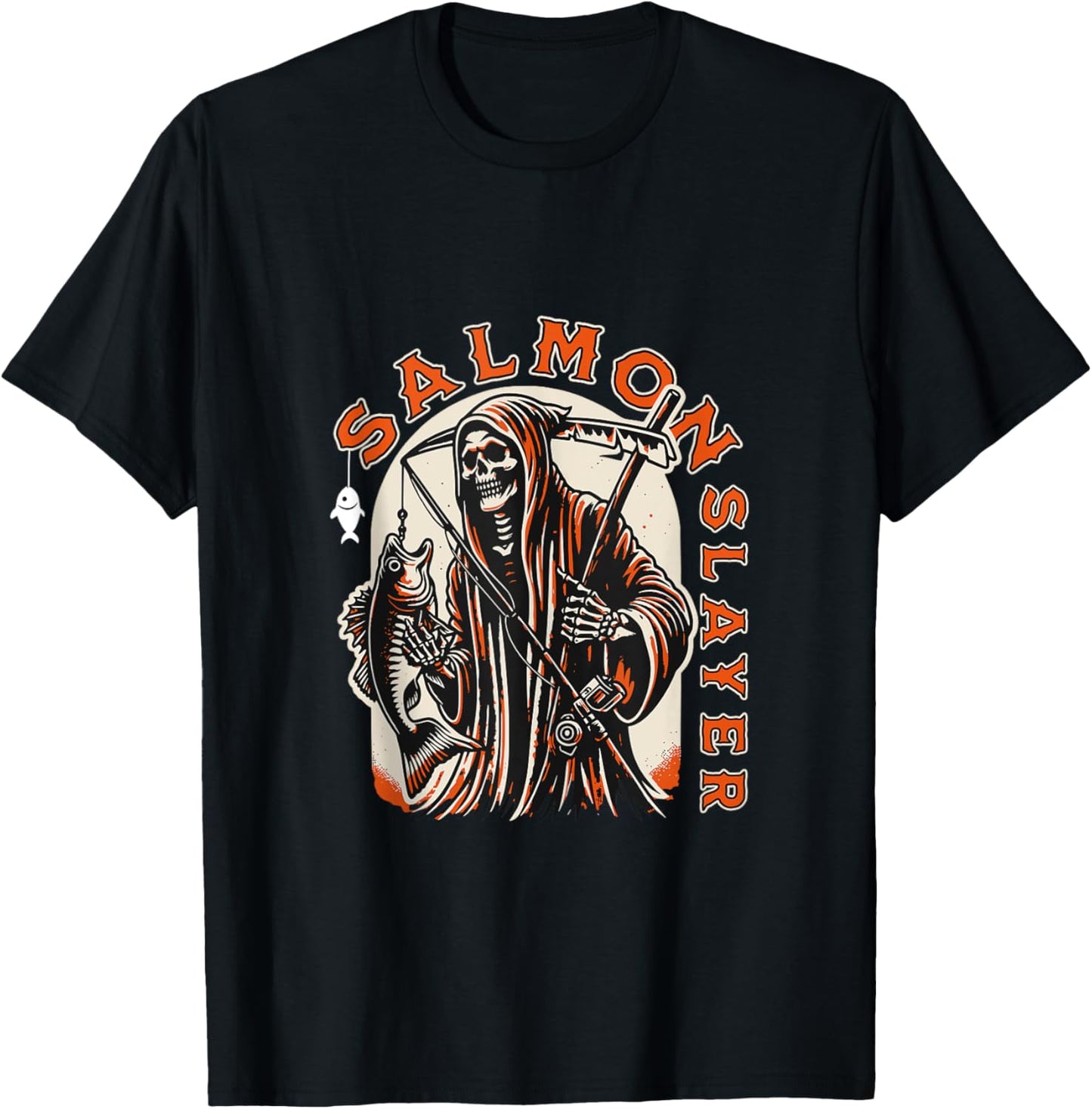 Salmon Slayer Funny skeleton Fishing Salmon Fish T-Shirt - T-Shirt | Black