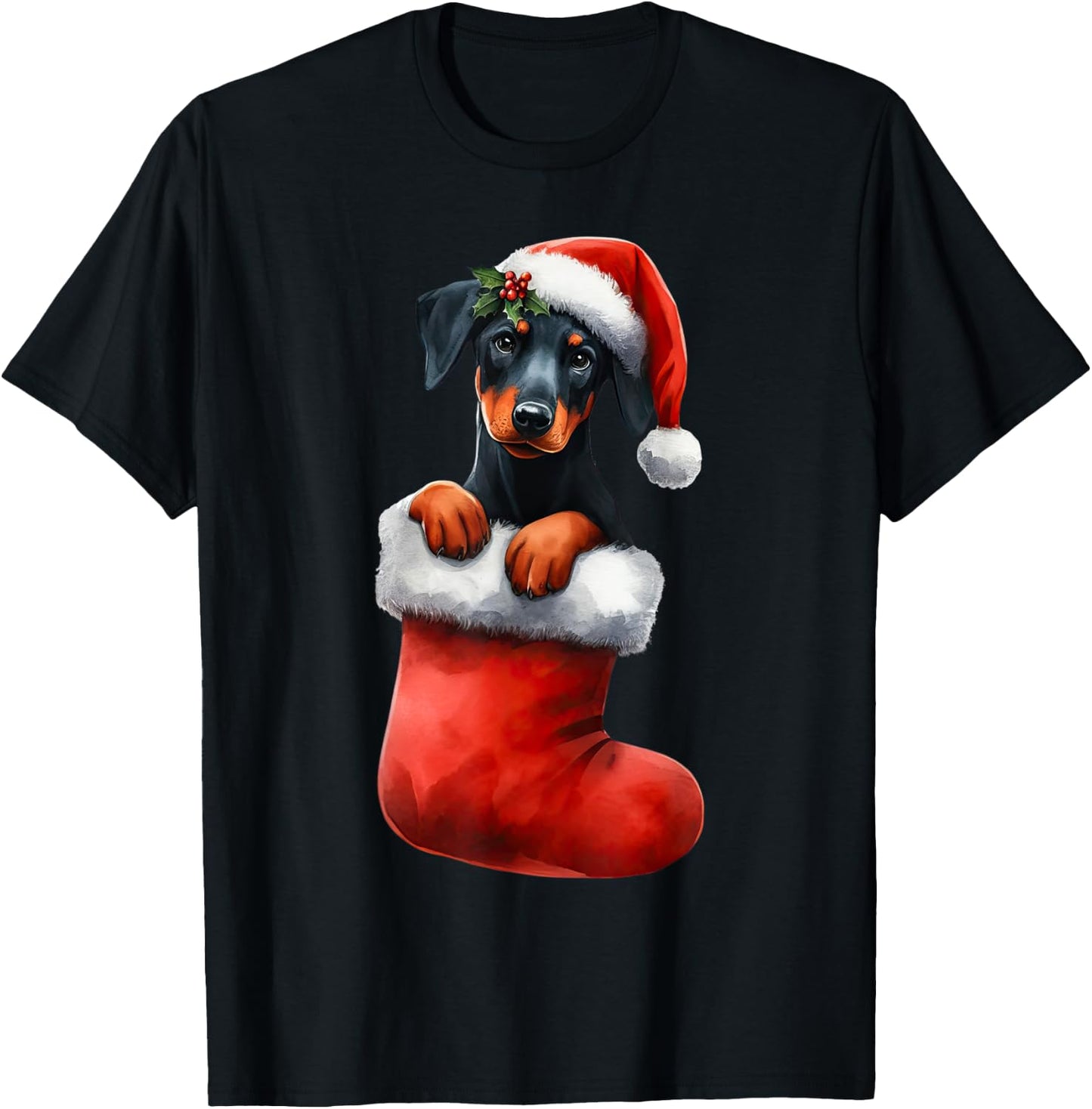 Doberman Pinscher In Sock Christmas Santa Hat Xmas Dog Lover T-Shirt - T-Shirt | Black