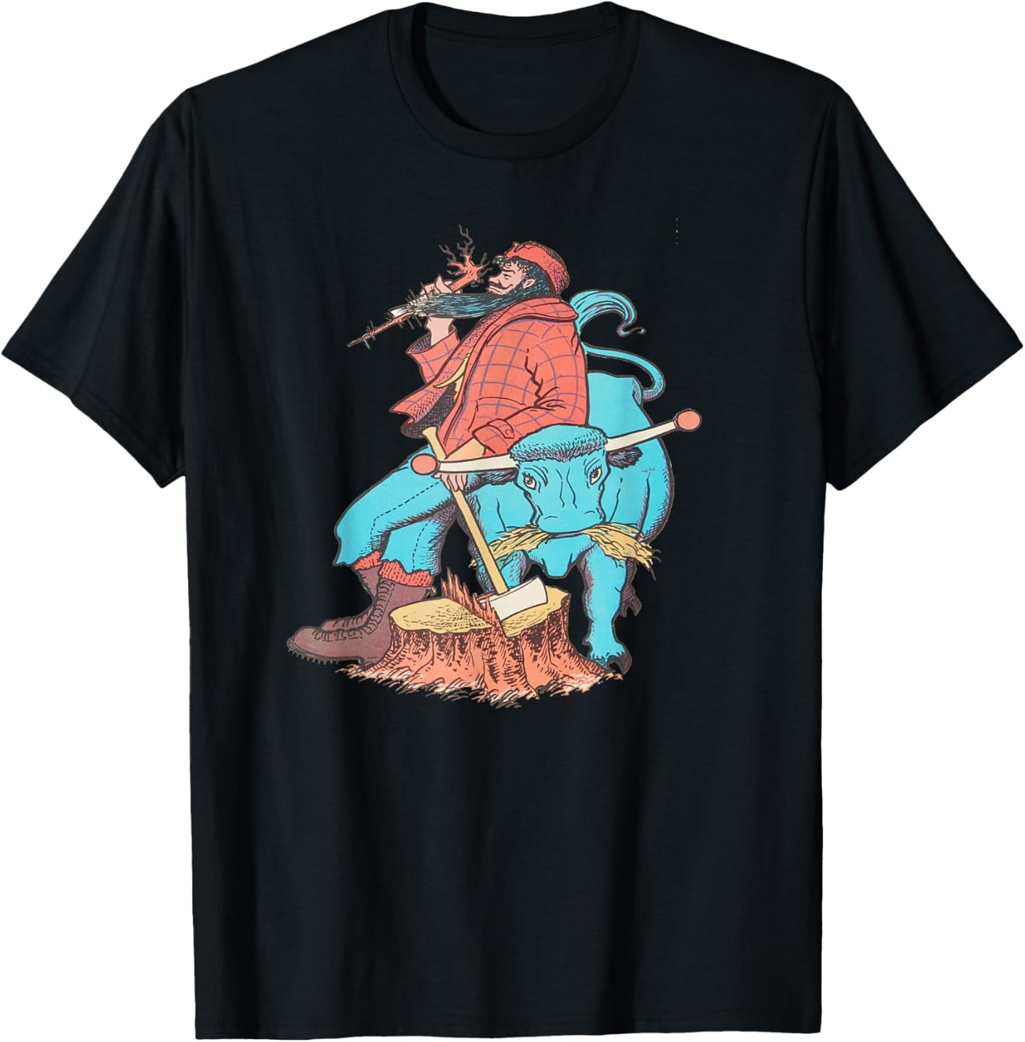 American Lumberjack Folk Hero Paul Bunyan & Babe The Blue Ox , Small, Black T-Shirt - T-Shirt | Black
