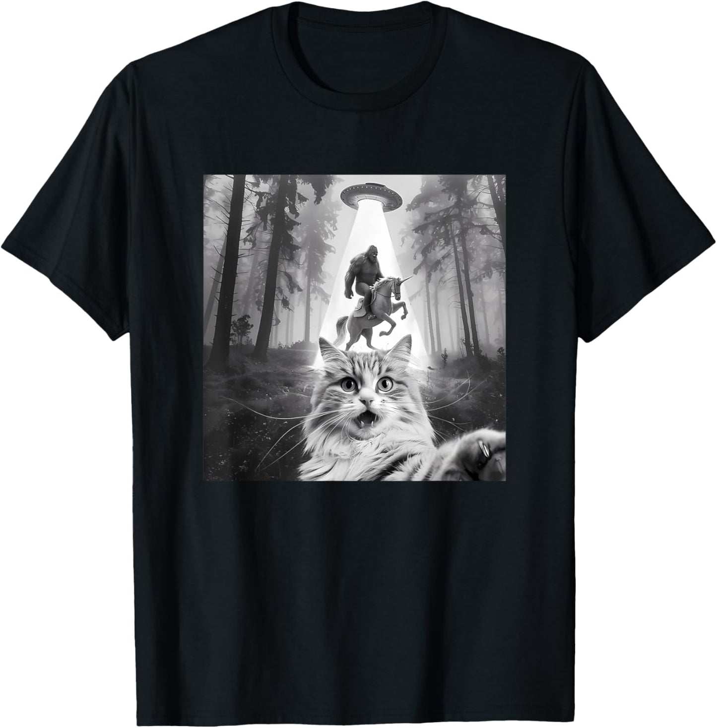 Funny UFO Cat Selfie with Bigfoot Forest Unicorn Sasquatch T-Shirt - T-Shirt | Black