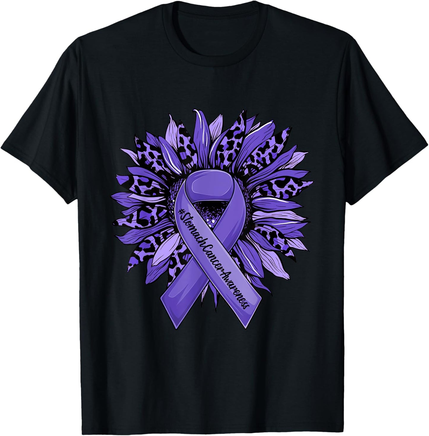 Leopard Sunflower and Periwinkle Ribbon Stomach Cancer T-Shirt - T-Shirt | Black