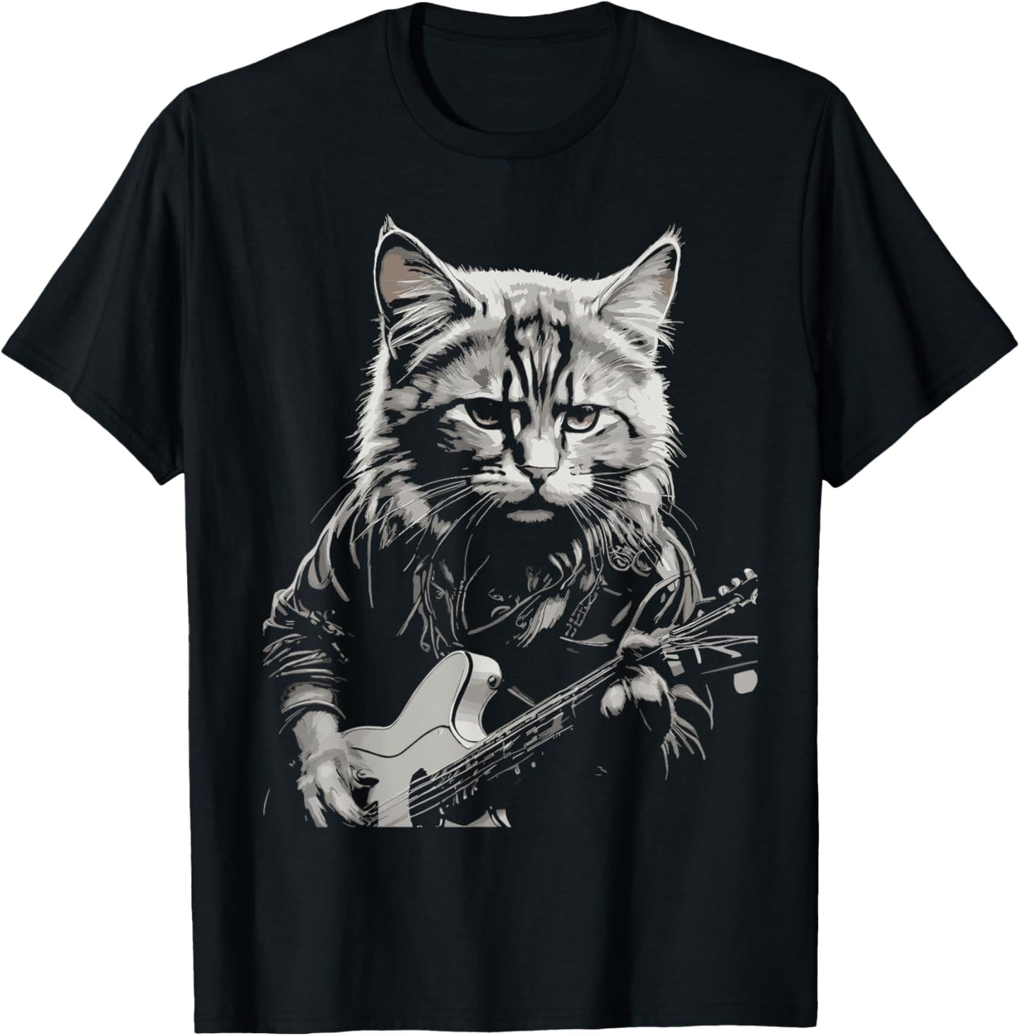 Cute Kitten Music Lover Kitty Funny Rock Cat Playing Guitar T-Shirt - T-Shirt | Black