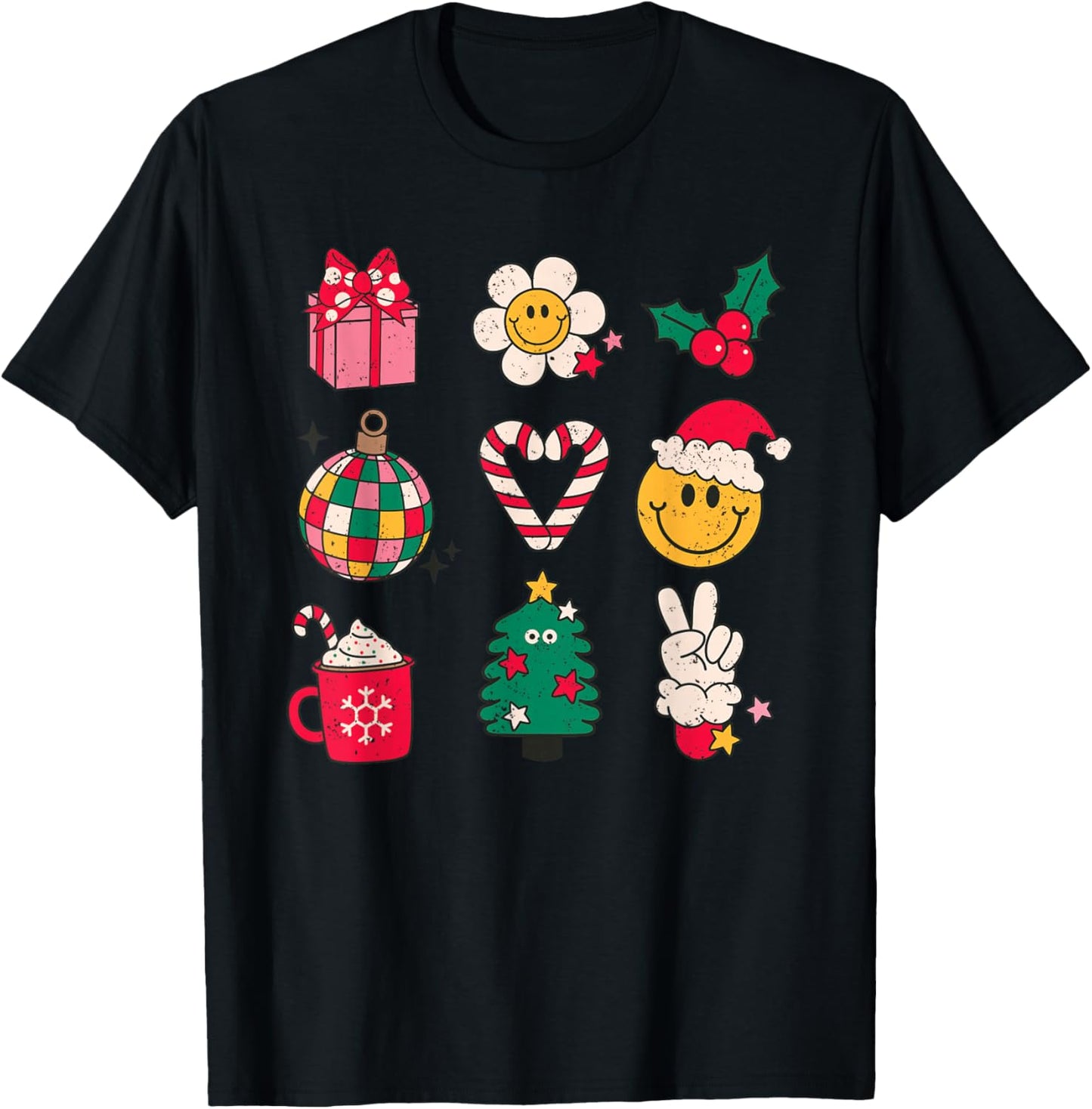 70s Cute Santa Yellow Smile Face Christmas Shirt Women Girls T-Shirt - T-Shirt | Black