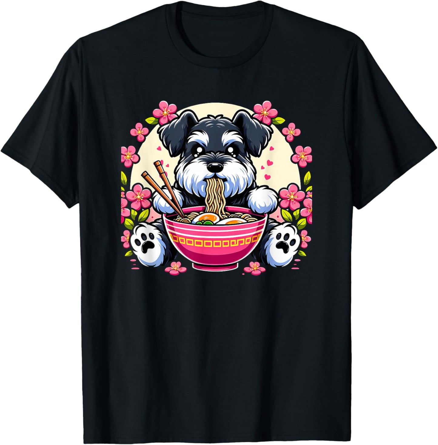 Kawaii Giant Schnauzer Dog Eating Ramen T-Shirt - T-Shirt | Black