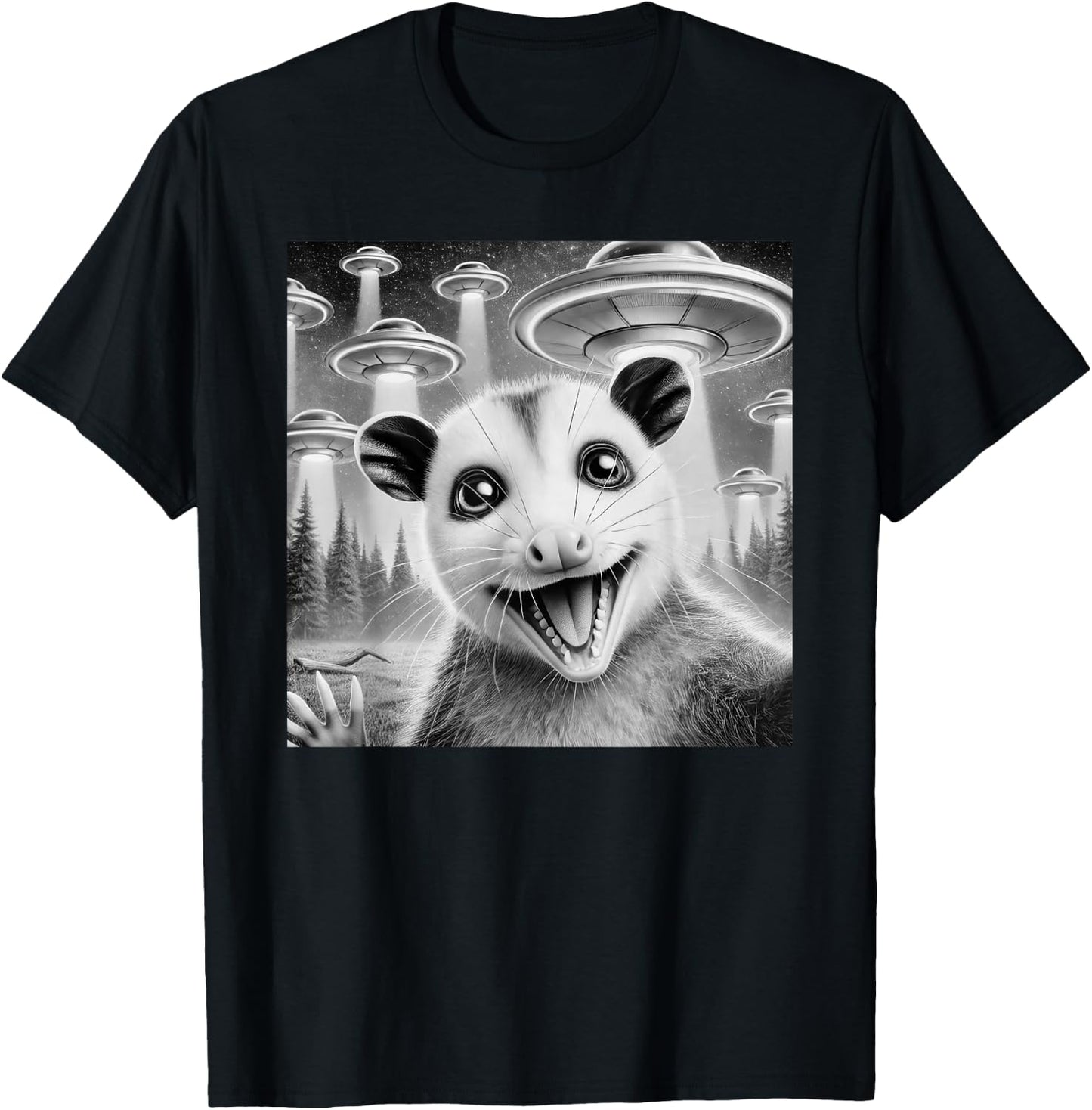 Opossum Selfie With Alien UFO Meme Men Women Kids T-Shirt - T-Shirt | Black