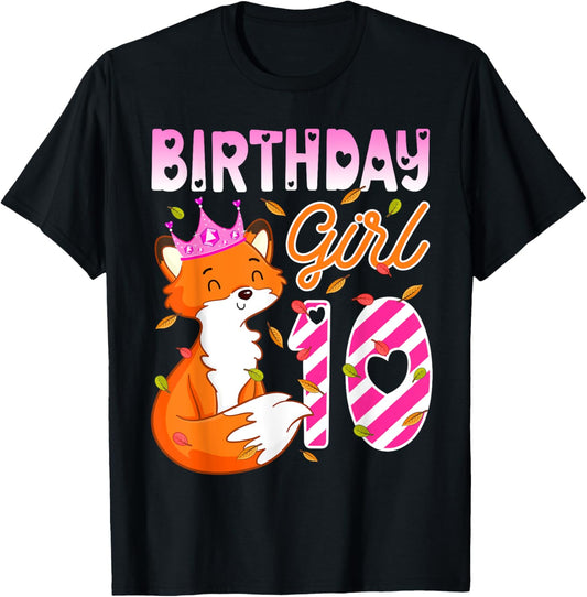 Fox Animal Lovers 10th Birthday Girl Fox B-day 10 year old T-Shirt - T-Shirt | Black