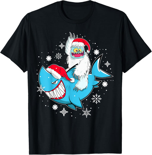 Yeti To Party Shark Santa Hat Christmas Pajama Xmas Gift T-Shirt - T-Shirt | Black