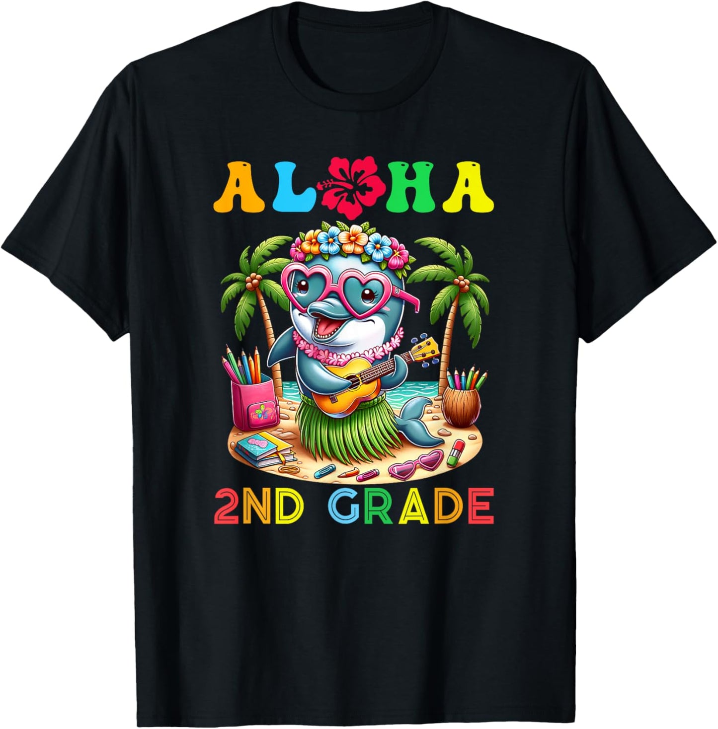Aloha Second Grade Dolphin Hawaii Back to School Kids Girl T-Shirt - T-Shirt | Black