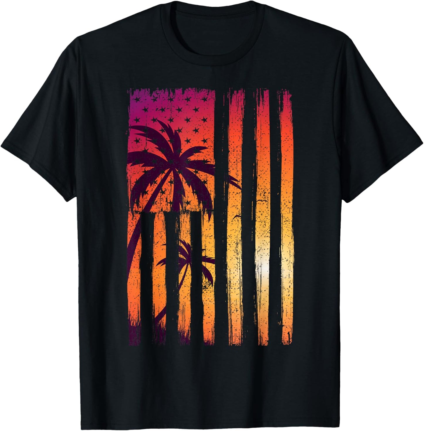 Summer Sunset Palm Trees American Flag Cool Spring Beach T-Shirt - T-Shirt | Black