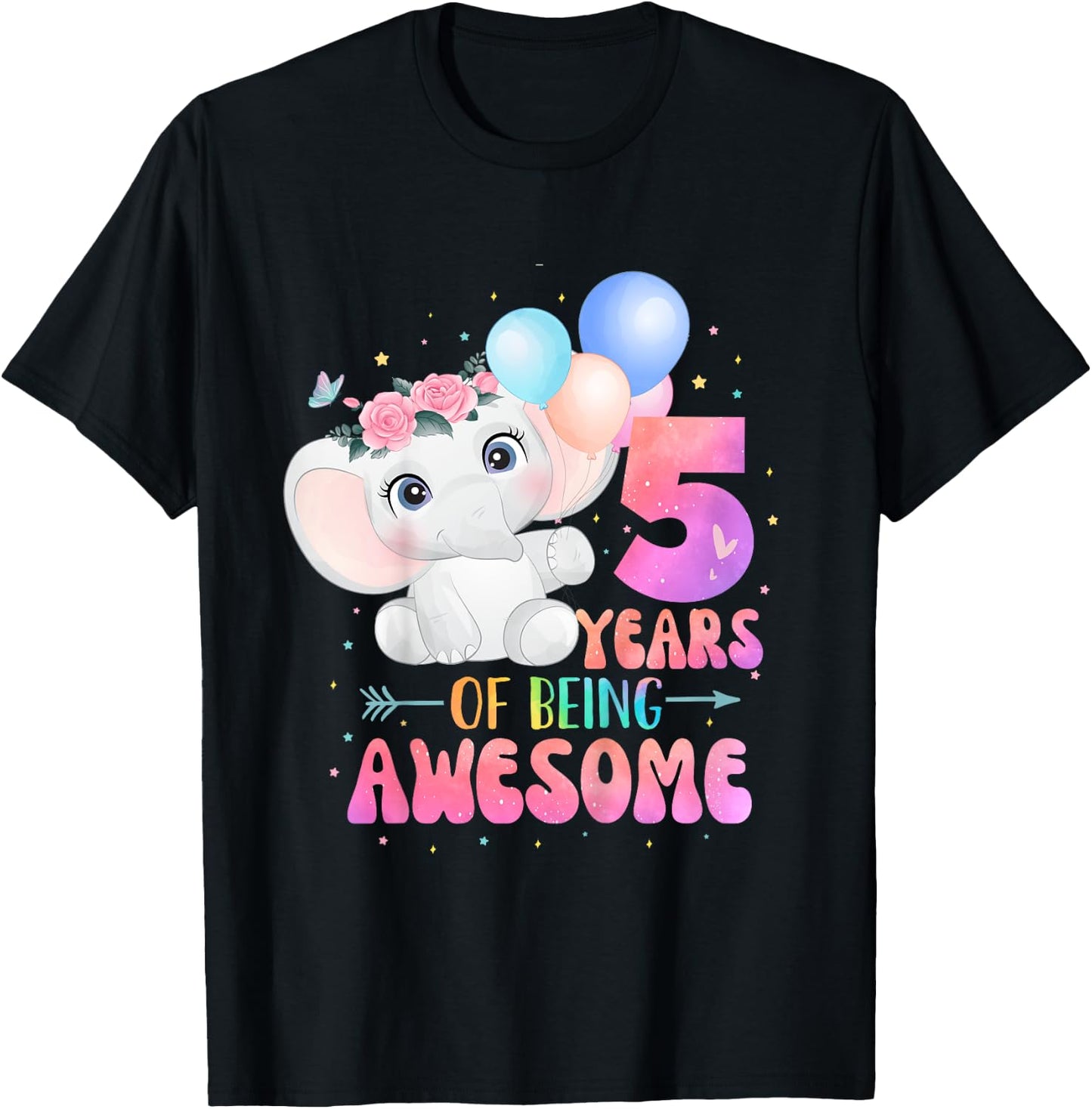 5 Years Of Being Awesome Cute Elephant 5th Birthday Girl T-Shirt - T-Shirt | Black