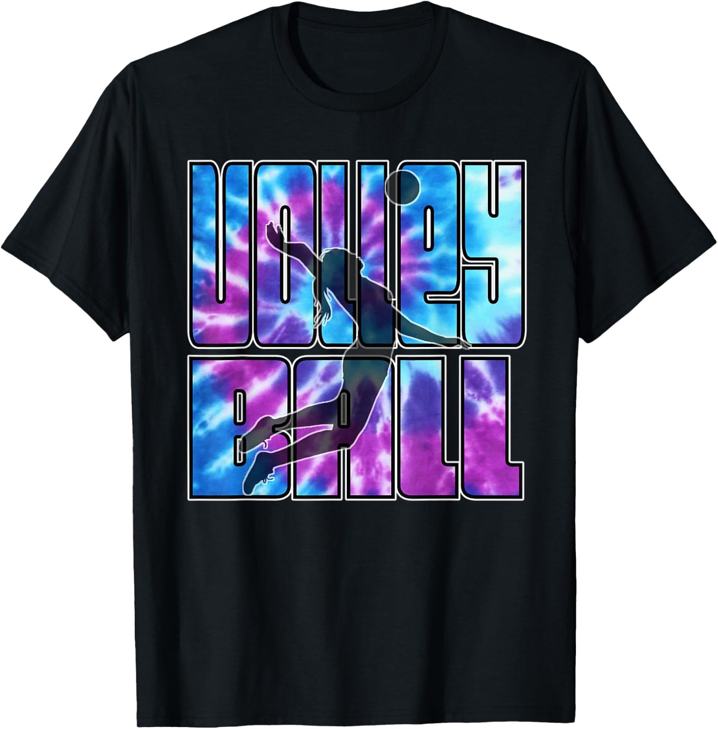 Volleyball Tie Dye Blue Purple Serving Silhouette Girl Gift T-Shirt - T-Shirt | Black