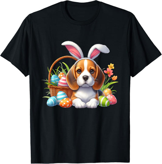 Beagle with Easter Bunny Ears and Colorful Easter Eggs T-Shirt - T-Shirt | Black