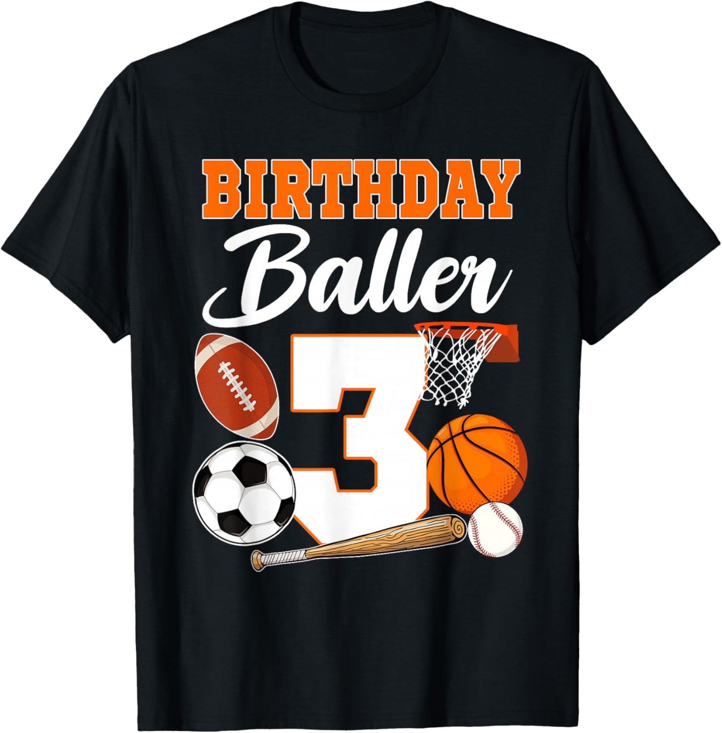 3rd Birthday Sport Balls Theme 3 Year Old Birthday Baller T-Shirt - T-Shirt | Black