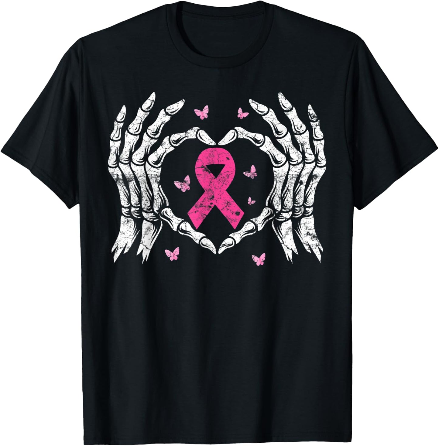Skeleton Hand Heart Pink Ribbon Breast Cancer Awareness T-Shirt - T-Shirt | Black