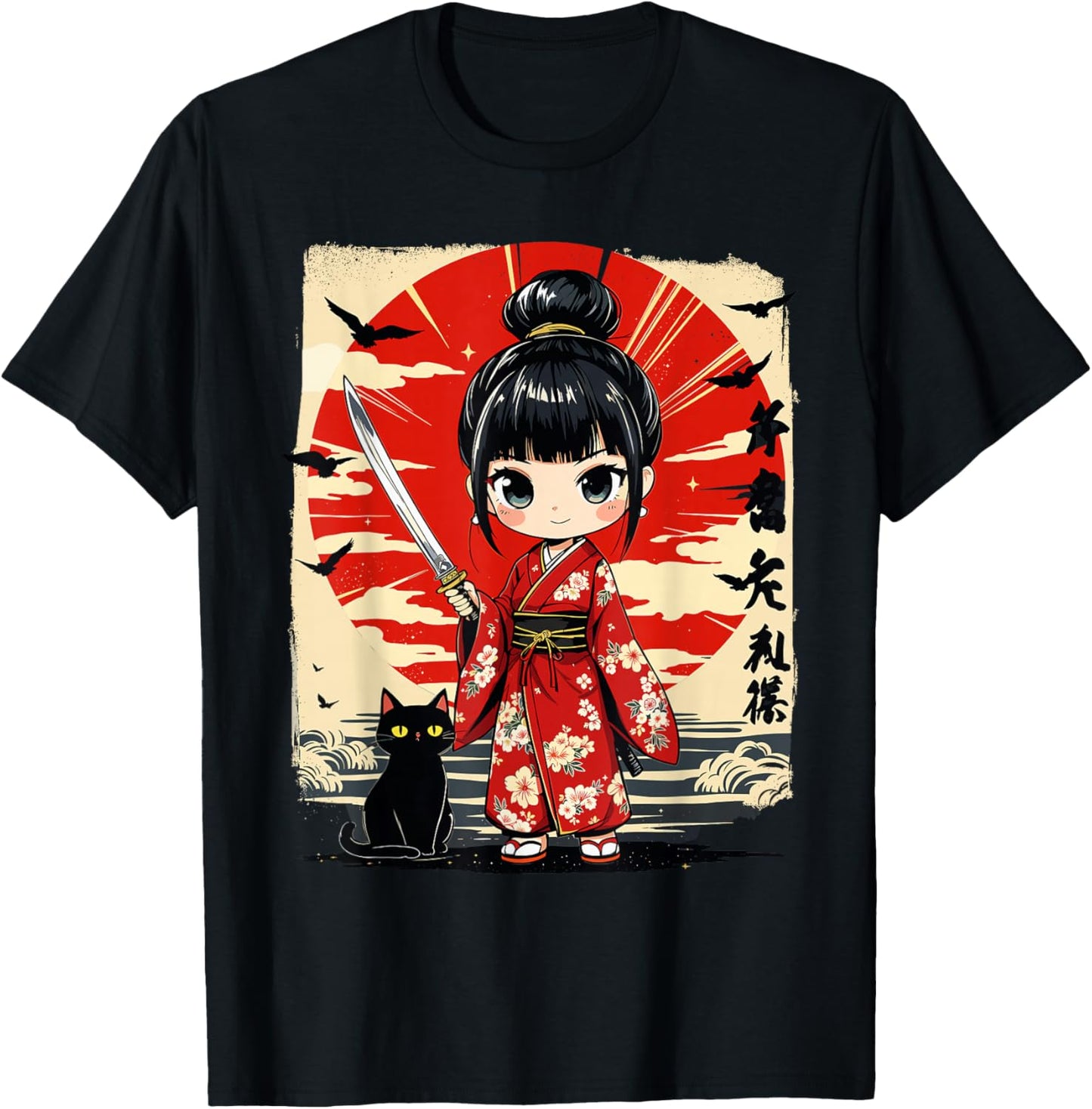 Cute Kawaii Samurai Girl and Cat Japanese Anime Kids Girls T-Shirt - T-Shirt | Black