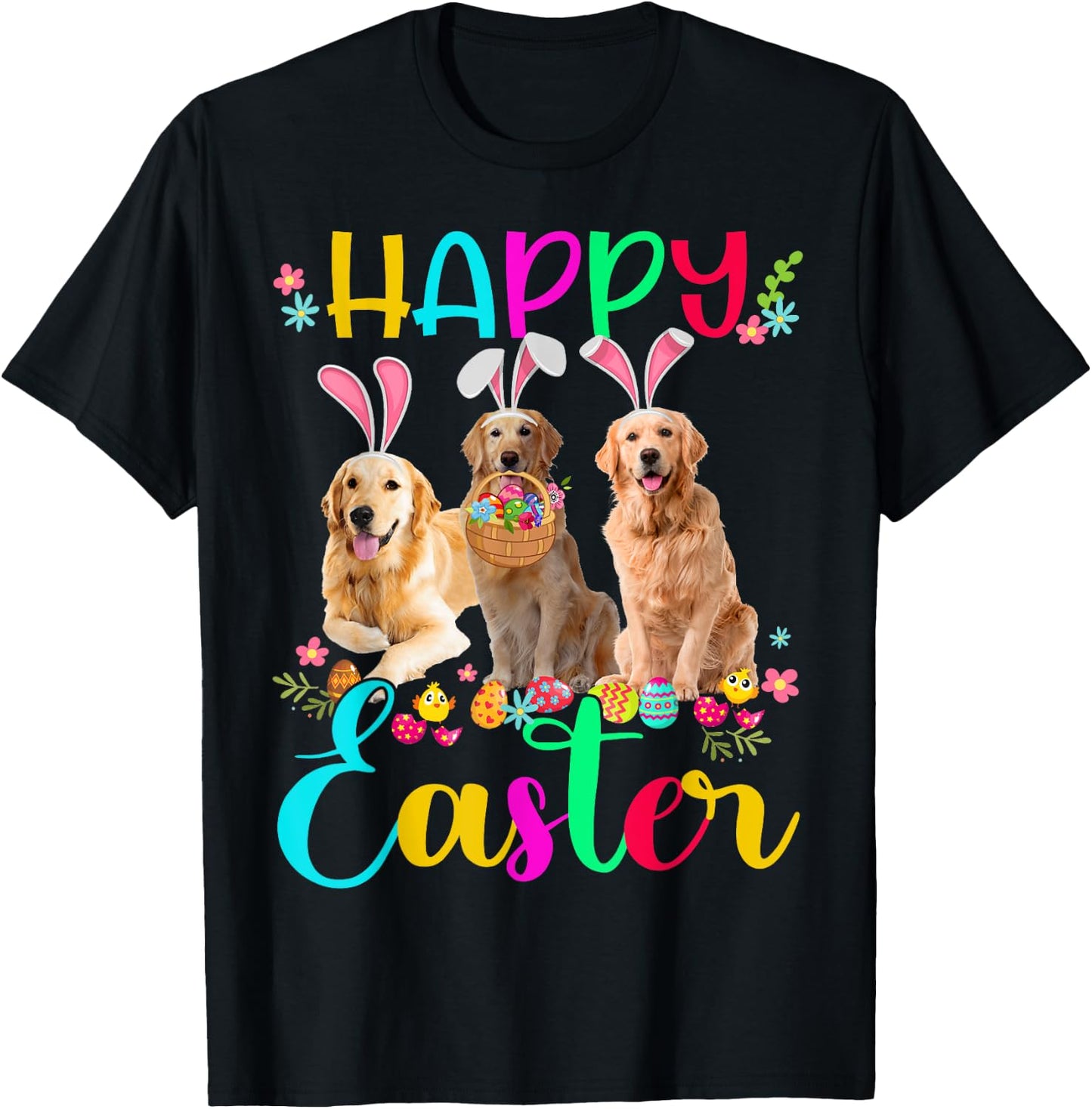 Happy Easter Three Golden Retriever Wearing Bunny Ear Gifts T-Shirt - T-Shirt | Black