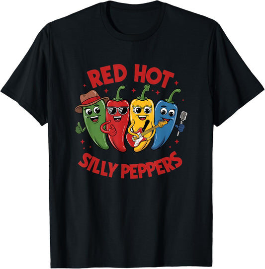 Red Hot Silly Peppers Fun Cartoon T-Shirt - T-Shirt | Black