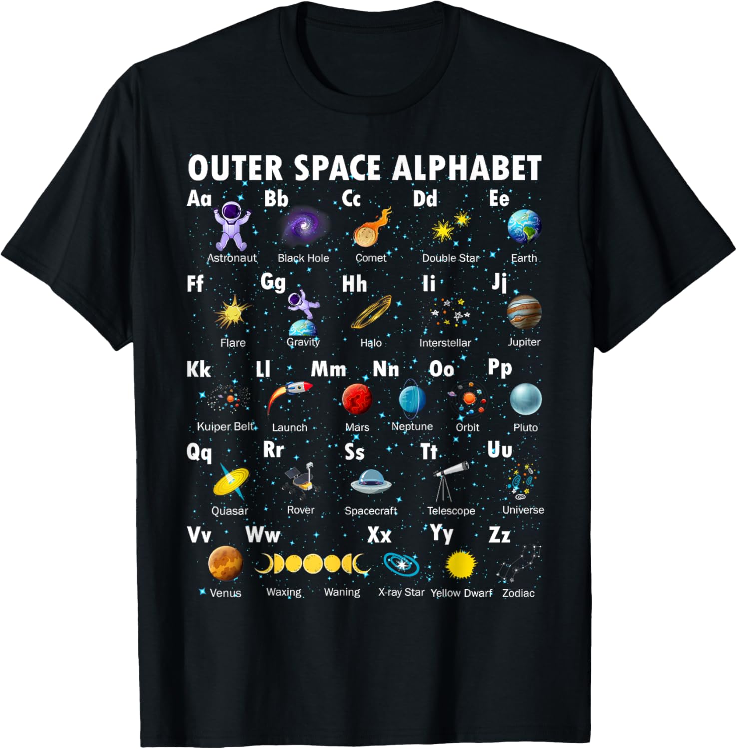 Outer Space Alphabet Kindergarten Teachers 1st Day of School T-Shirt - T-Shirt | Black