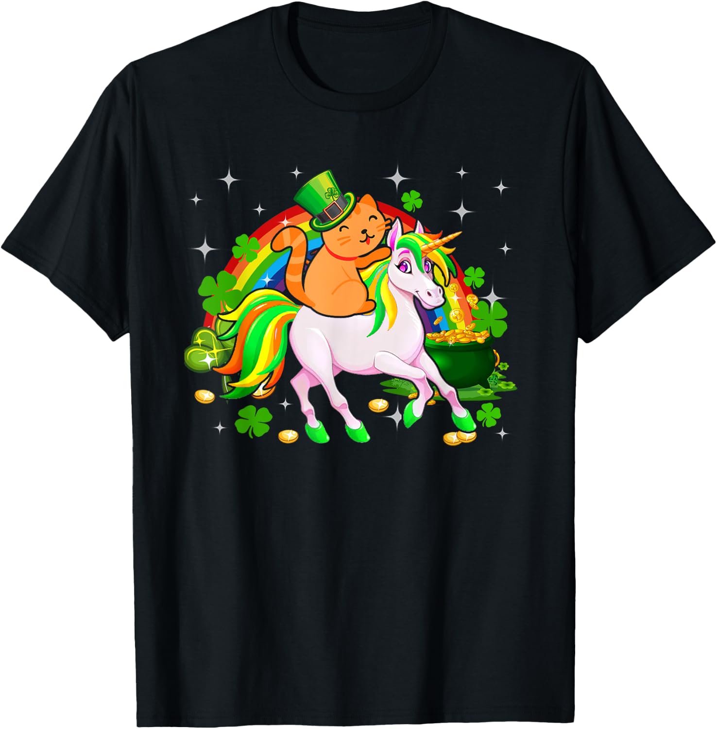 Leprechaun Cat Riding Unicorn Happy St Patrick's Day Gifts Women Kids T-Shirt - T-Shirt | Black