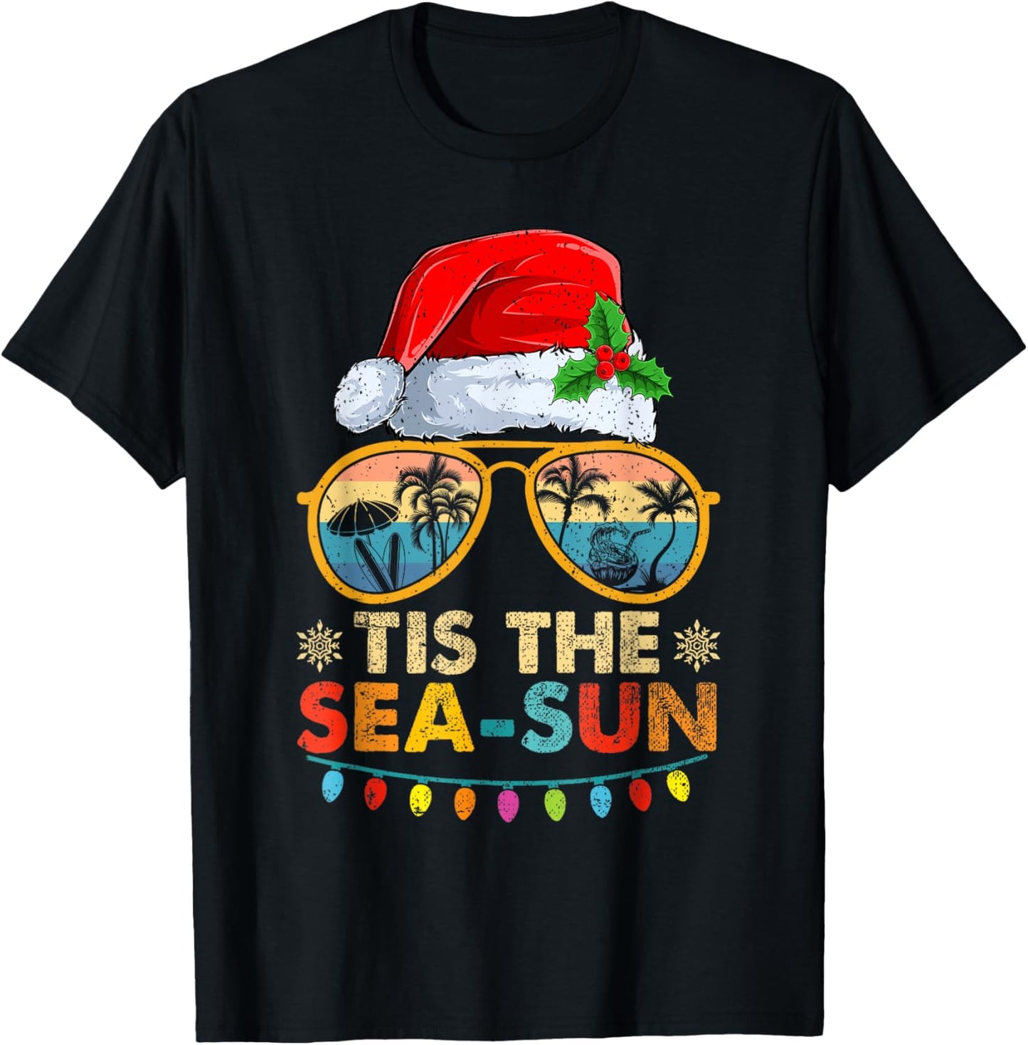 Tis The Sea Sun Santa Beach Summer Christmas In July Summer T-Shirt - T-Shirt | Black