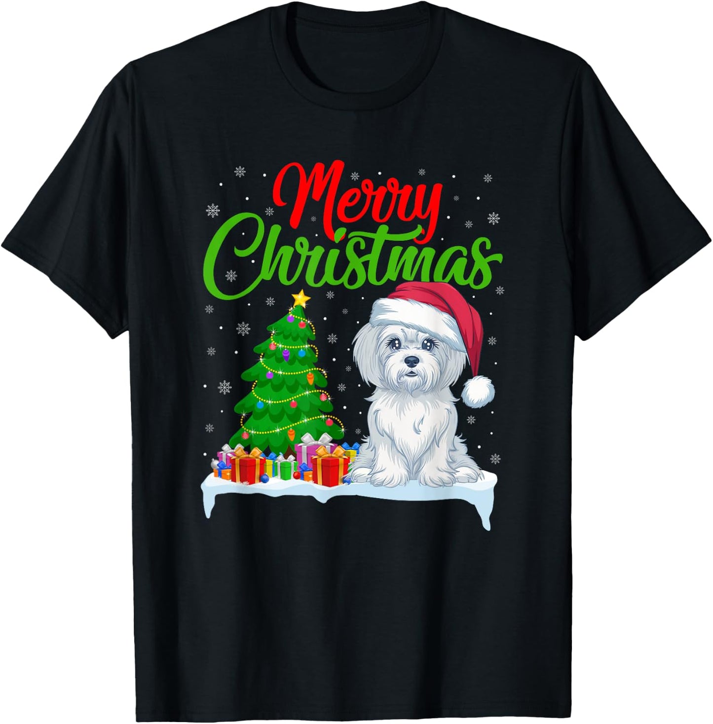 Maltese Dog Christmas Tree Lights Xmas Maltese Dog Lover T-Shirt - T-Shirt | Black