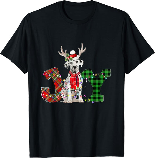 Joy Christmas Lights Dalmatian Dog Santa Hat Pajama T-Shirt - T-Shirt | Black