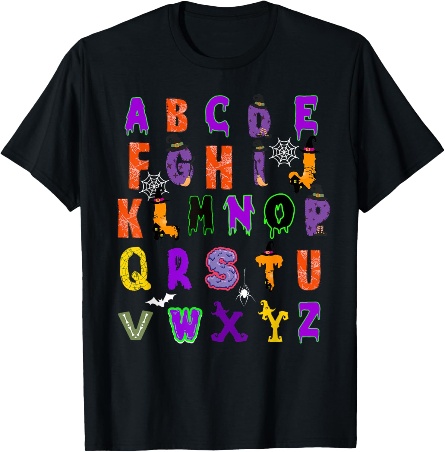 Funny Halloween Alphabet ABCs Learning Kindergarten Teacher T-Shirt - T-Shirt | Black