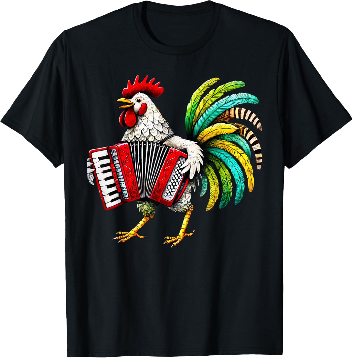 Rooster Playing Accordion Cute Chicken Accordionist Music T-Shirt - T-Shirt | Black
