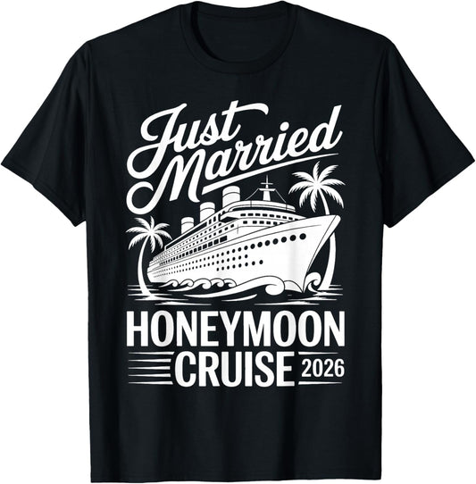 Just Married Honeymoon Cruise 2026 Tropical Bride Groom T-Shirt - T-Shirt | Black