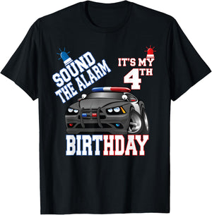 Sound The Alarm It's My 4th Birthday 4 Years Old Policeman T-Shirt - T-Shirt | Black