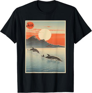 Vintage Japanese Scenery Fish Dolphin Kanji T-Shirt - T-Shirt | Black