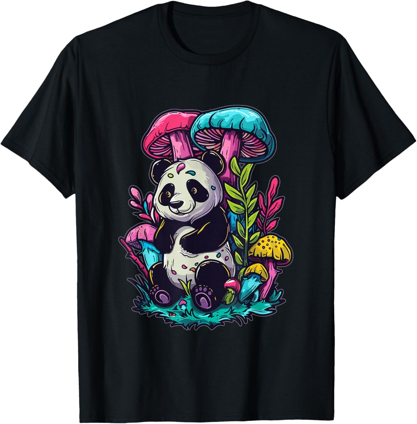 Trippy EDM Mushroom Art Party Panda T-Shirt - T-Shirt | Black
