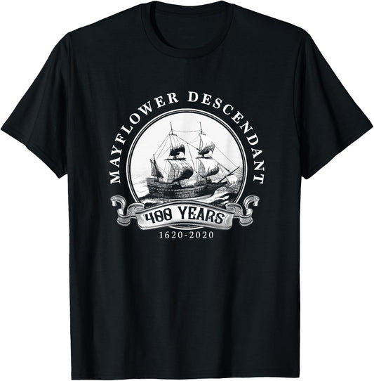 Mayflower Descendant 400 Years 1620 2020 Vintage Ship T-Shirt - T-Shirt | Black