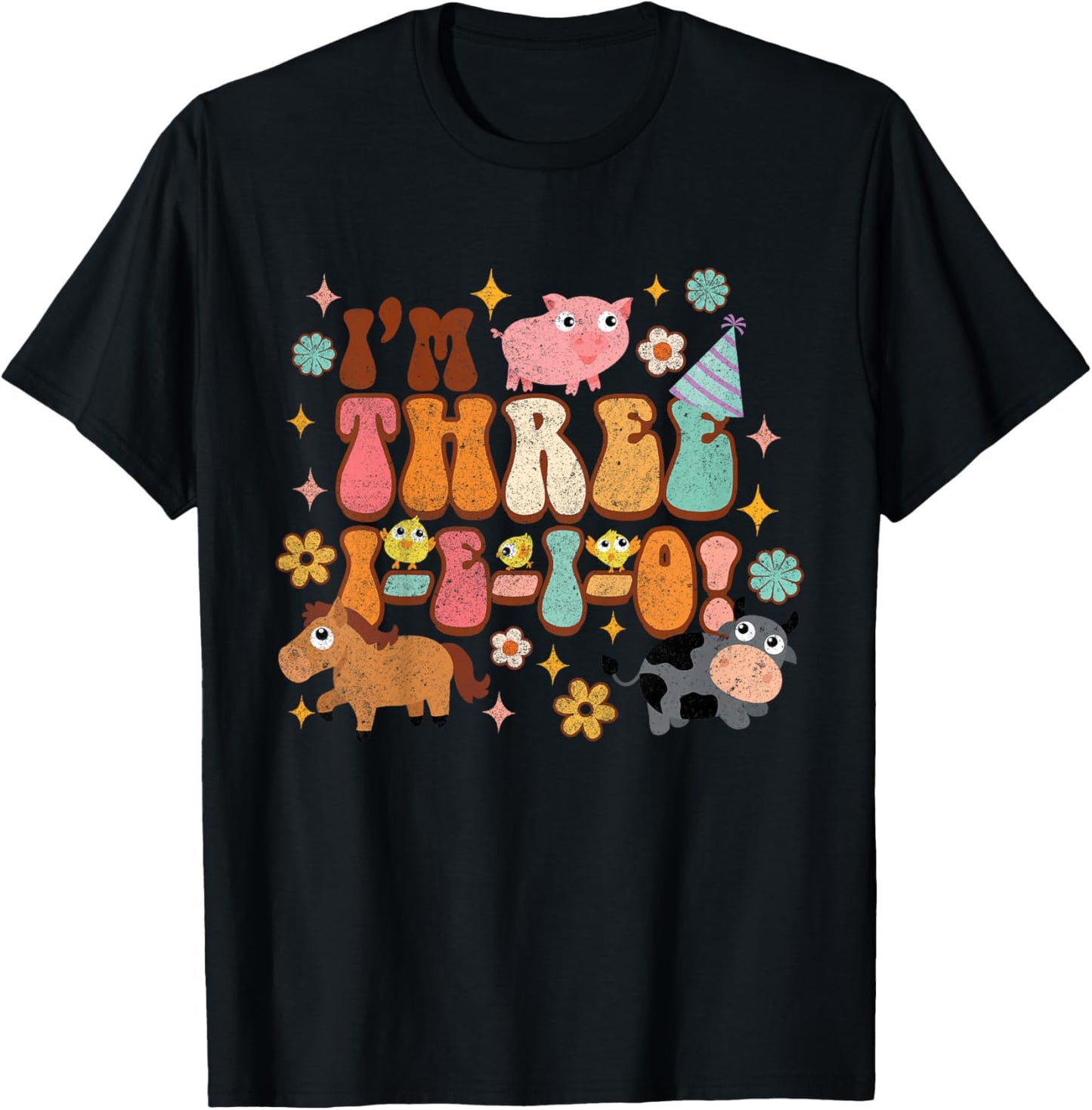 Kids I'm Three I E I O Country Farm Birthday 3rd Birthday Party T-Shirt - T-Shirt | Black