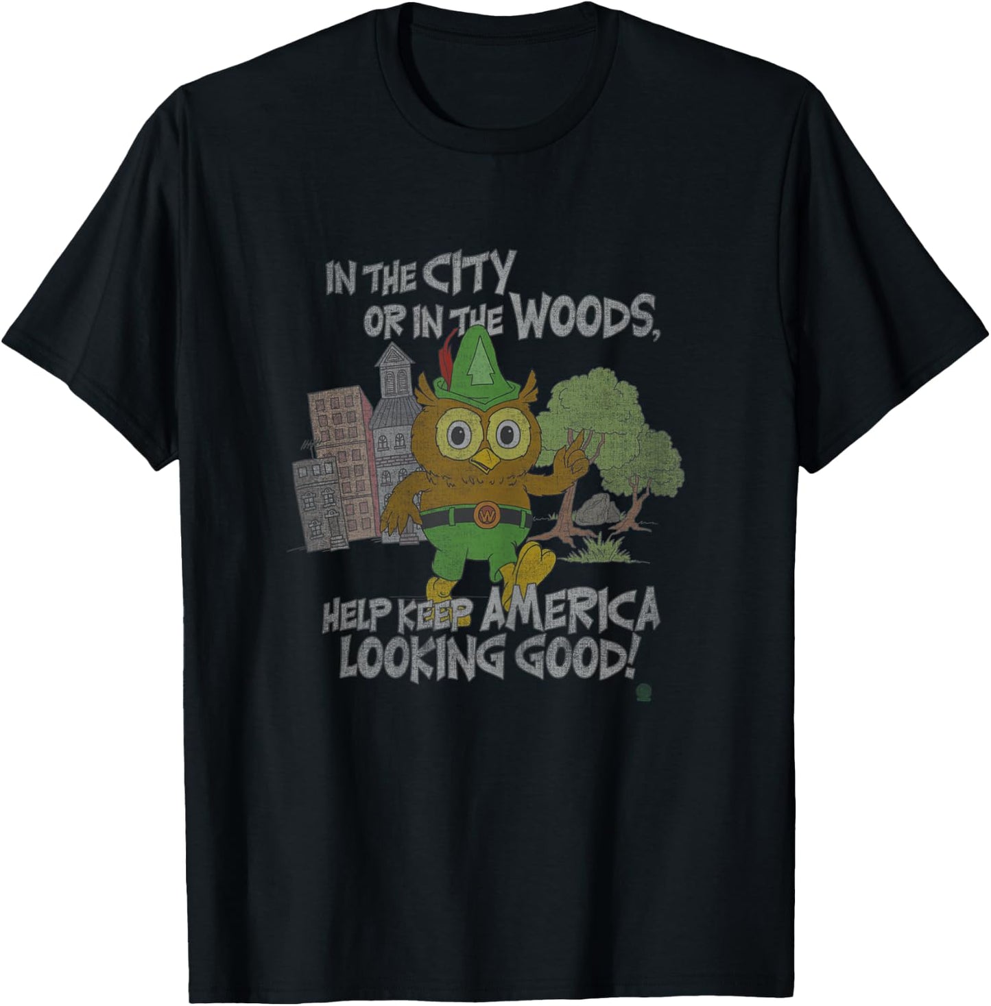 Woodsy Owl Keep America Looking Good Faded Vintage T-Shirt - T-Shirt | Black