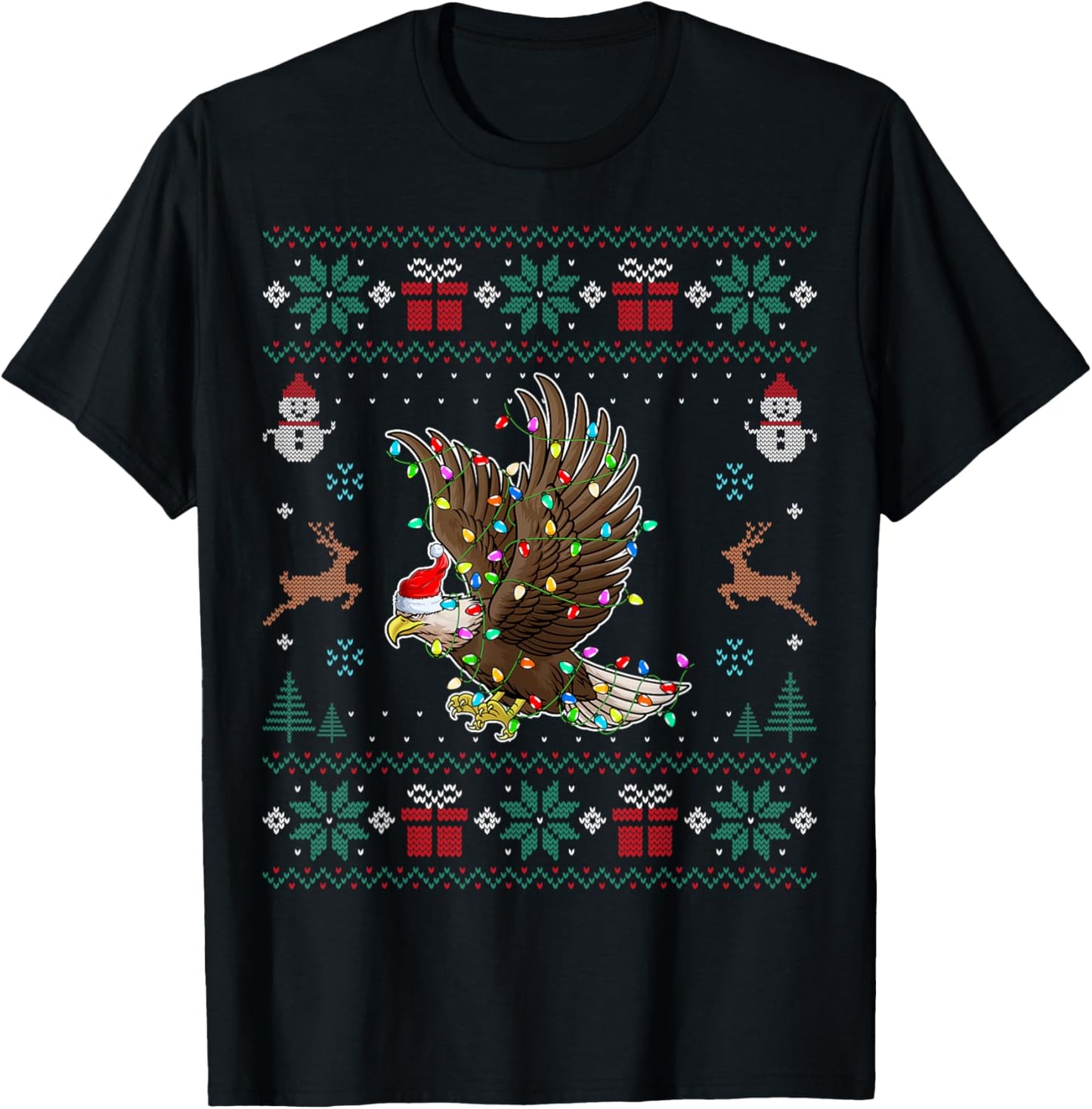 Eagle Santa Hat Xmas Lights Eagle Christmas Ugly T-Shirt - T-Shirt | Black