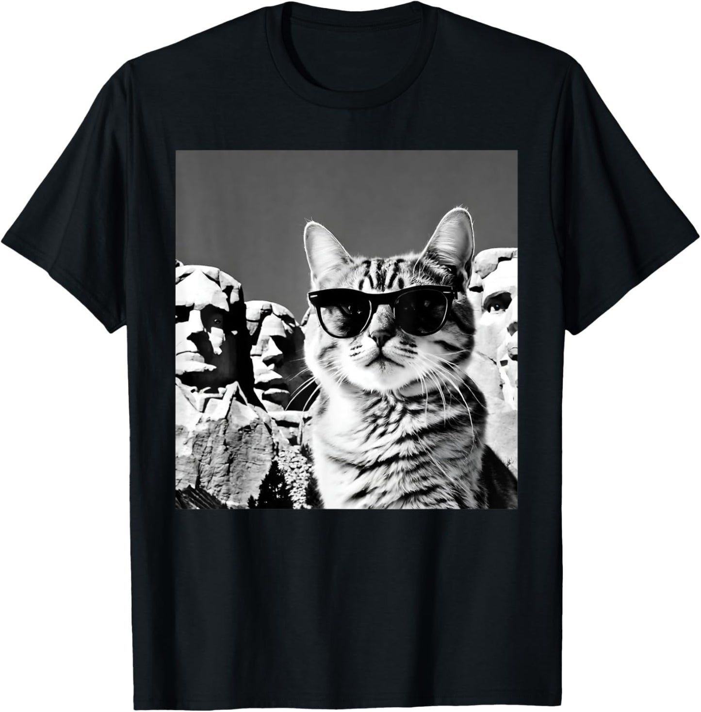 Funny Cat Wearing Sunglasses At Joke Mount Rushmore T-Shirt - T-Shirt | Black