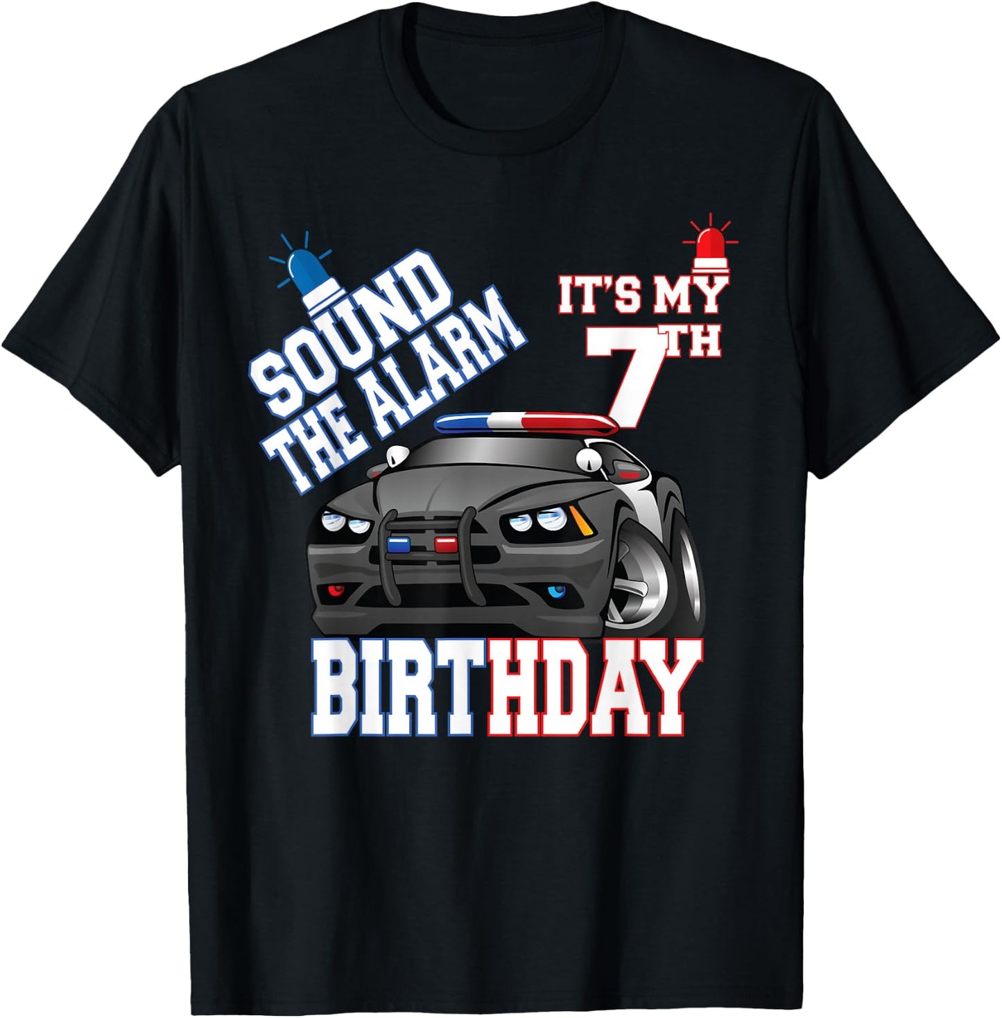 Sound The Alarm It's My 7th Birthday 7 Years Old Policeman T-Shirt - T-Shirt | Black