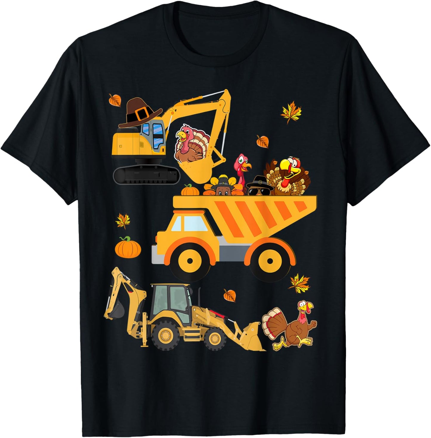 Thanksgiving Turkey kids boy truck Construction Vehicle fall T-Shirt - T-Shirt | Black