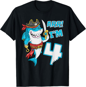 I'm 4 years Bday Shark pirate 4th Birthday boy pirate Party T-Shirt - T-Shirt | Black