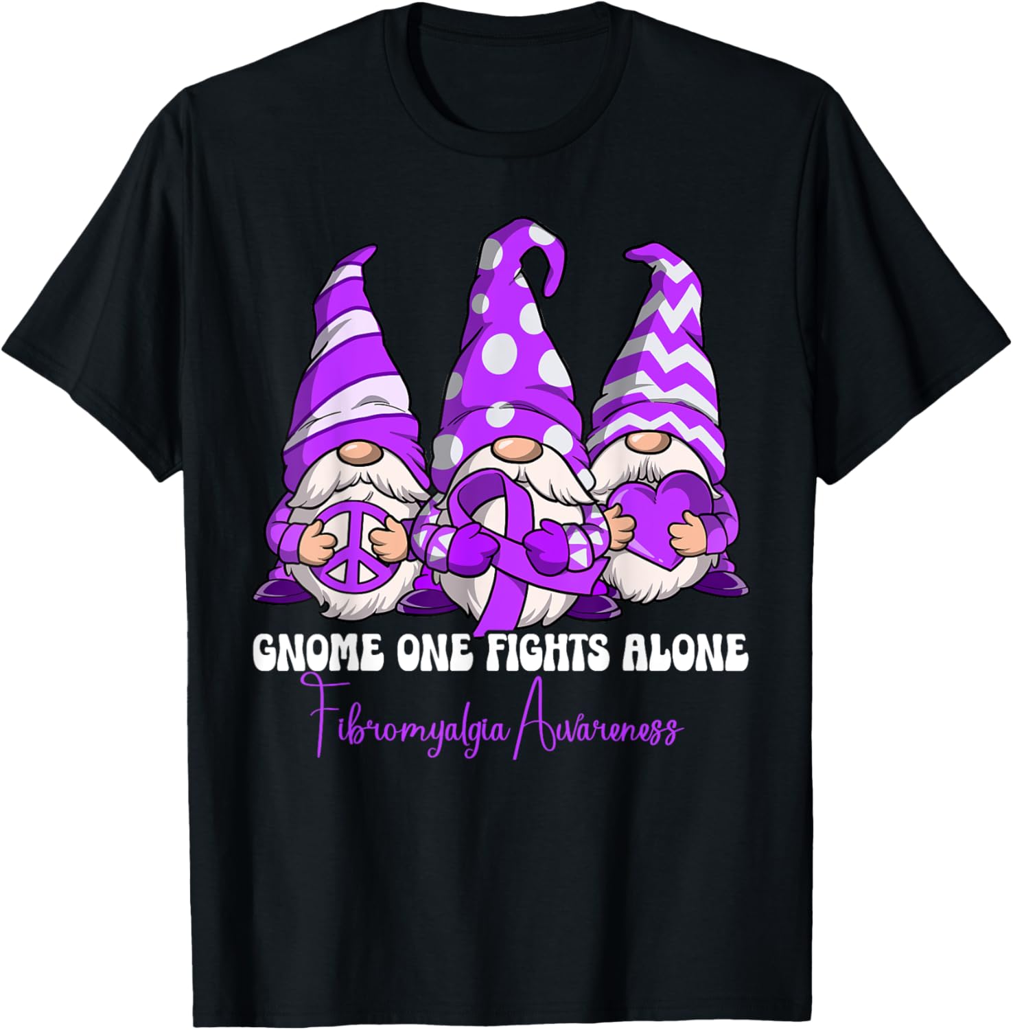 Fibromyalgia Awareness Gifts Fibromyalgia Awareness - -Adults, -Kids - Black - Short Sleeve - Classic Fit - Cotton, Polyester - Gnome One Fights Alone T-Shirt - T-Shirt | Black